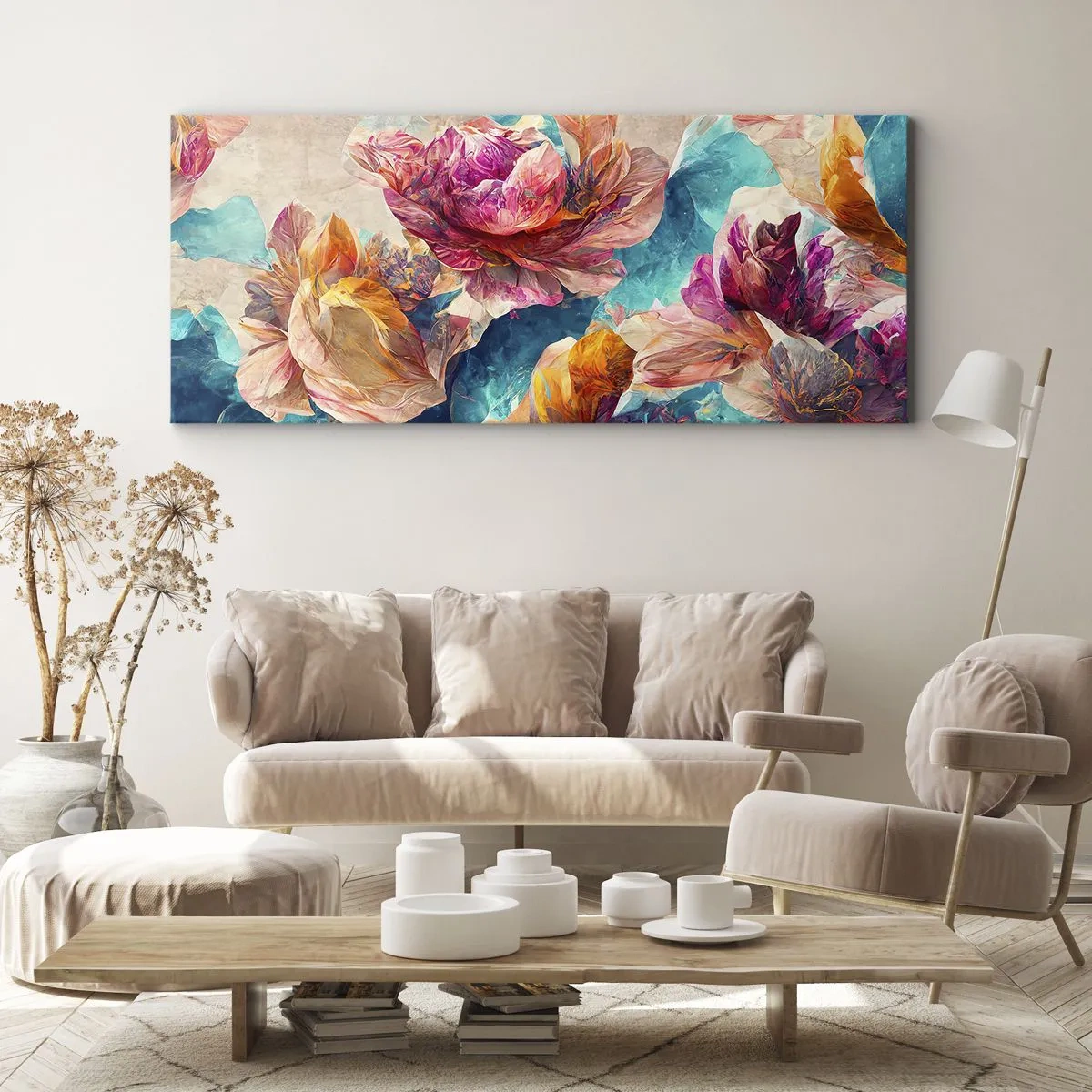 Impression sur toile - Image sur toile - Fleurs colorées sur fond beige - 160x50cm - Splendeur colorée du bouquet - Décoration murale moderne pour le salon et la chambre ARTTOR