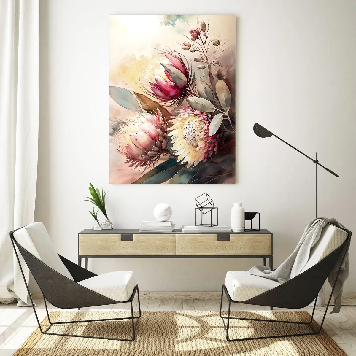 Impression sur verre - Image sur verre - Fleurs de Protea aux couleurs pastel sur un fond artistique - 50x70cm - De profil et de face - Décoration murale moderne pour le salon et la chambre ARTTOR