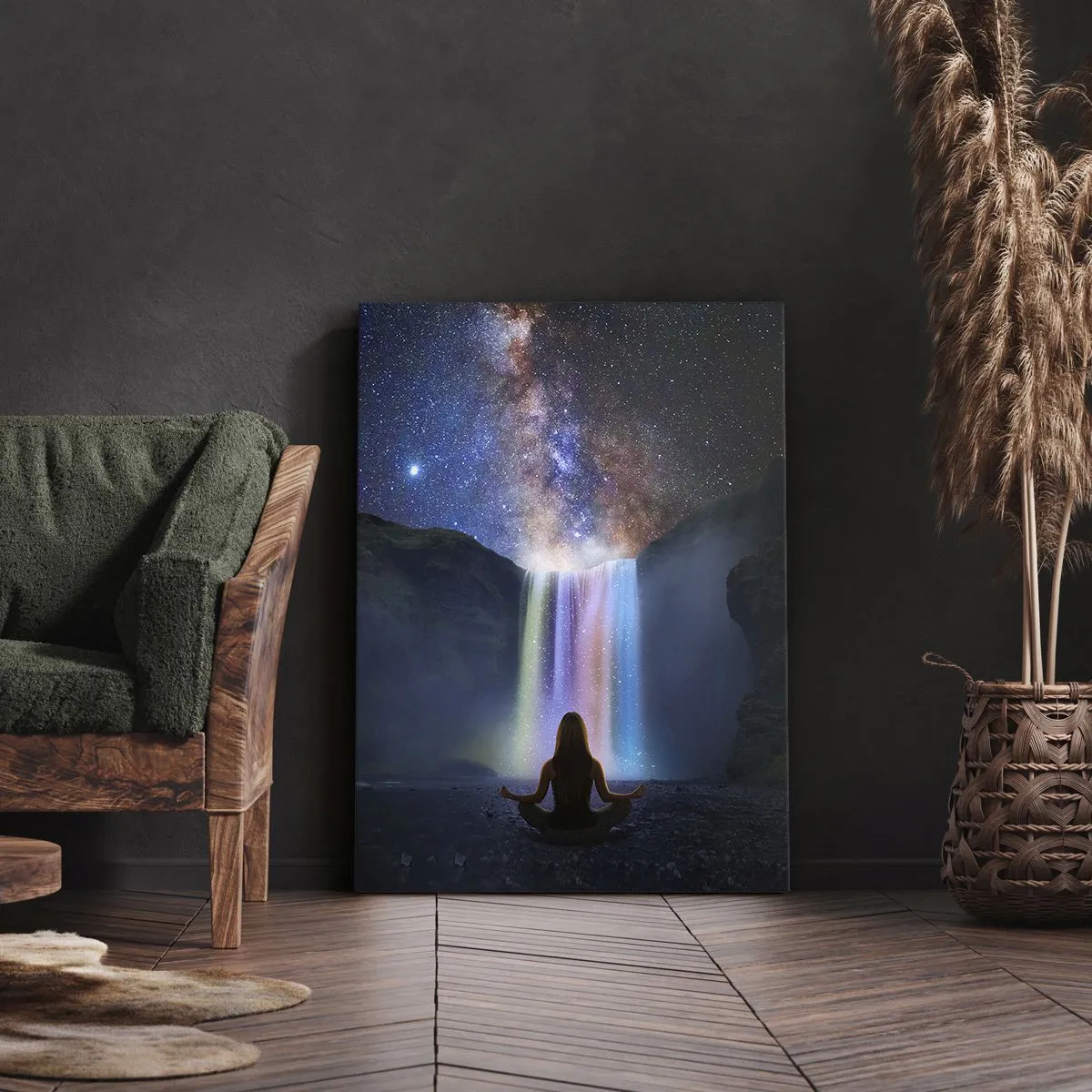 Impression sur toile - Image sur toile - Méditation devant une cascade parmi les étoiles - 50x70cm - Harmonie absolue - Décoration murale moderne pour le salon et la chambre ARTTOR