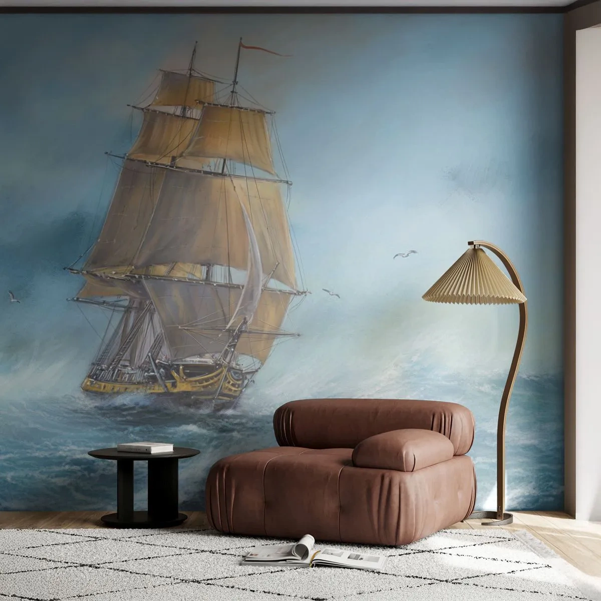 Papier Peint Photo Premium Sand - Un voilier dans une mer agitée sous un ciel bleu - 100x70cm - Se précipitant sur les vagues - Décoration murale moderne pour le salon et la chambre ARTTOR