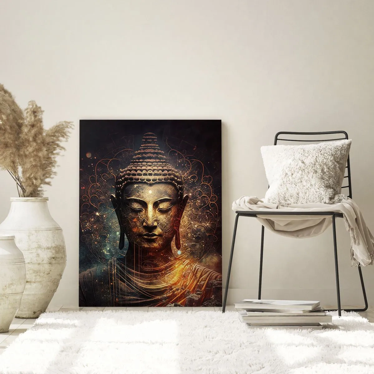 Impression sur verre - Image sur verre - Une figure dorée de Bouddha sur un fond sombre avec des ornements - 50x70cm - Équilibre spirituel - Décoration murale moderne pour le salon et la chambre ARTTOR