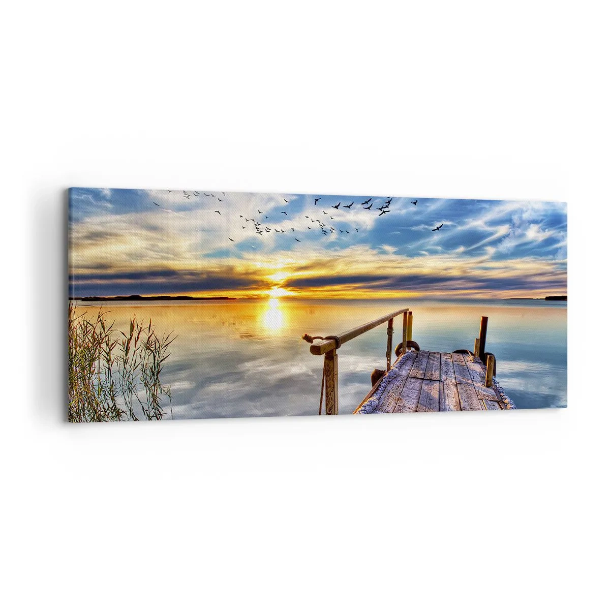 Impression sur toile - Image sur toile - Jetée en bois sur le lac au coucher du soleil - 120x50cm - Le vent se repose - Décoration murale moderne pour le salon et la chambre ARTTOR