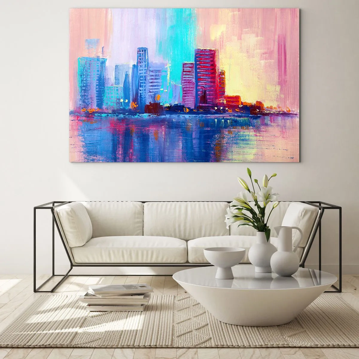 Impression sur verre - Image sur verre - Une ville moderne aux couleurs intenses se reflétant dans l'eau - 70x50cm - Baigné de couleurs - Décoration murale moderne pour le salon et la chambre ARTTOR