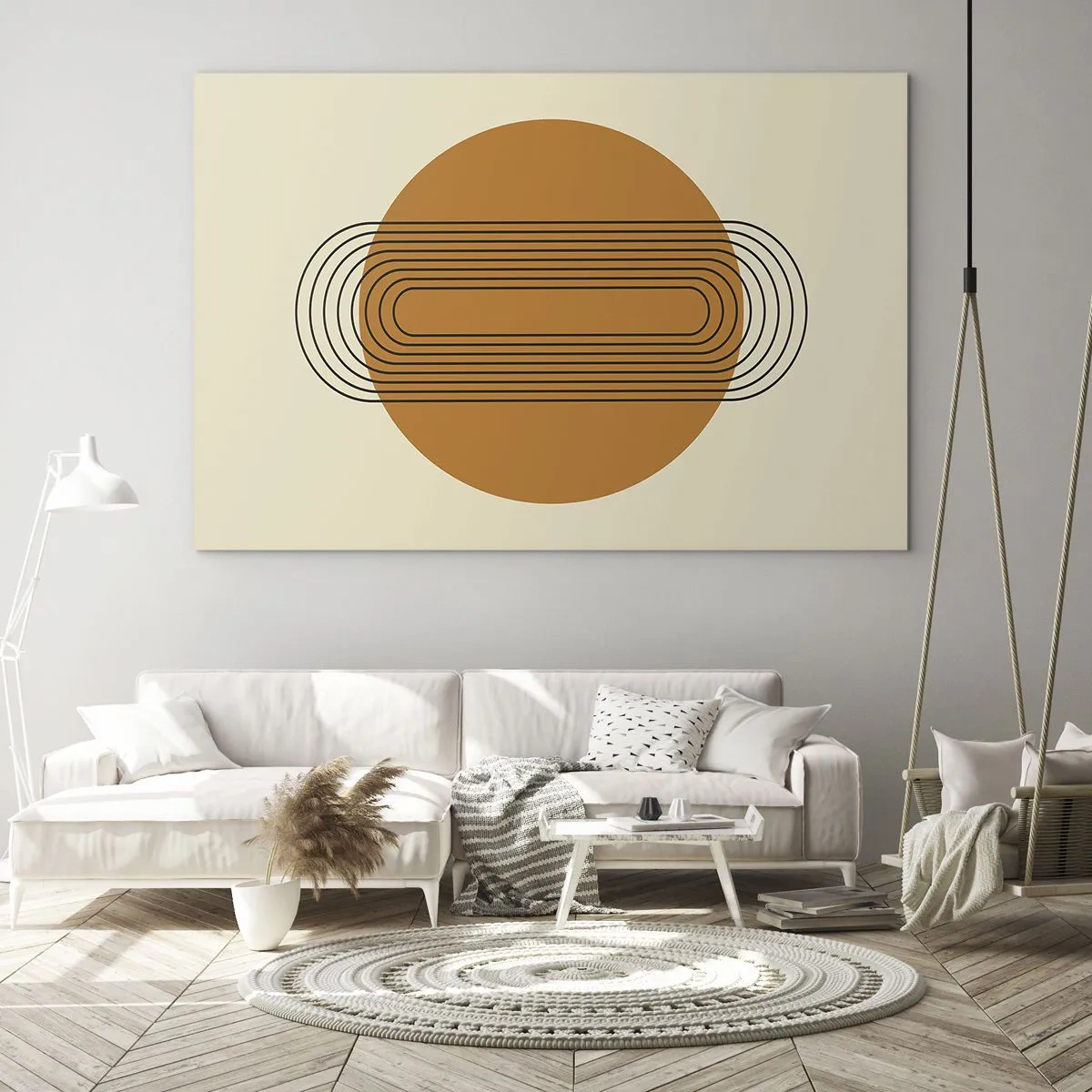 Impression sur verre - Image sur verre - Abstraction géométrique avec des cercles et des lignes - 70x50cm - Plan idéal - Décoration murale moderne pour le salon et la chambre ARTTOR