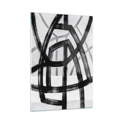 Impression sur verre - Image sur verre - Les coups de pinceau noirs et gris créent un réseau dynamique de lignes. - 50x70cm - Profondeur du bâtiment - Décoration murale moderne pour le salon et la chambre ARTTOR