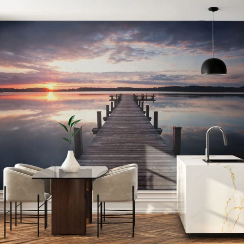 Papier peint sur mesure Autocollant Deluxe - Une frontière tranquille entre le jour et la nuit - Paysage, Lac, Coucher de soleil