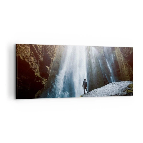 Impression sur toile - Image sur toile - Une silhouette sur fond de cascade majestueuse dans une gorge rocheuse - 120x50cm - Restauration des proportions - Décoration murale moderne pour le salon et la chambre ARTTOR