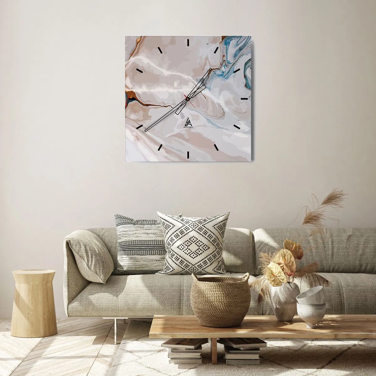 Horloge murale - Pendule murale - Motif abstrait dans les tons de blanc et de bleu - 30x30cm - Le bleu serpente sous le blanc - Décoration murale moderne pour le salon et la chambre ARTTOR