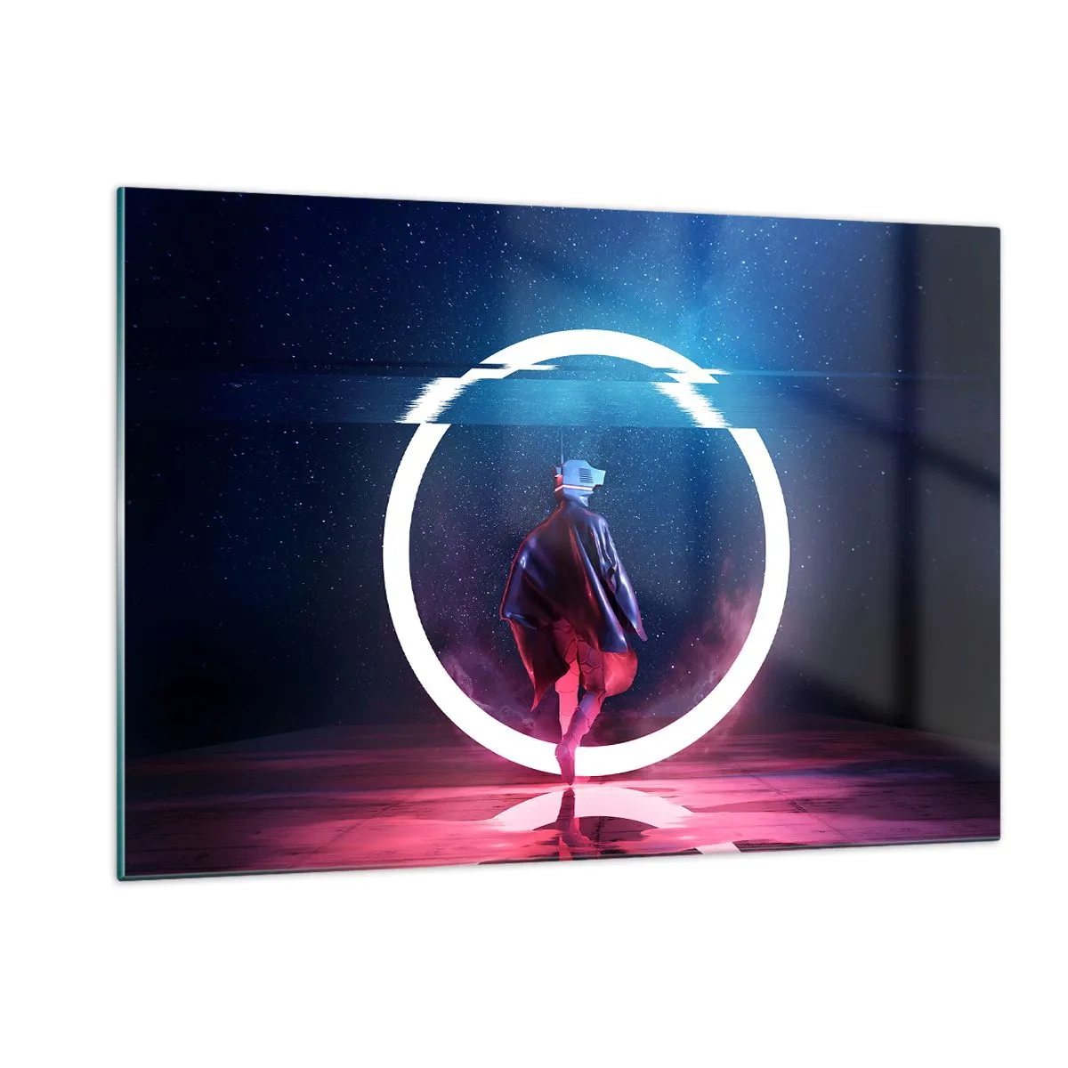 Impression sur verre - Image sur verre - Une figurine dans un décor futuriste avec un anneau néon - 120x80cm - Entre deux mondes - Décoration murale moderne pour le salon et la chambre ARTTOR