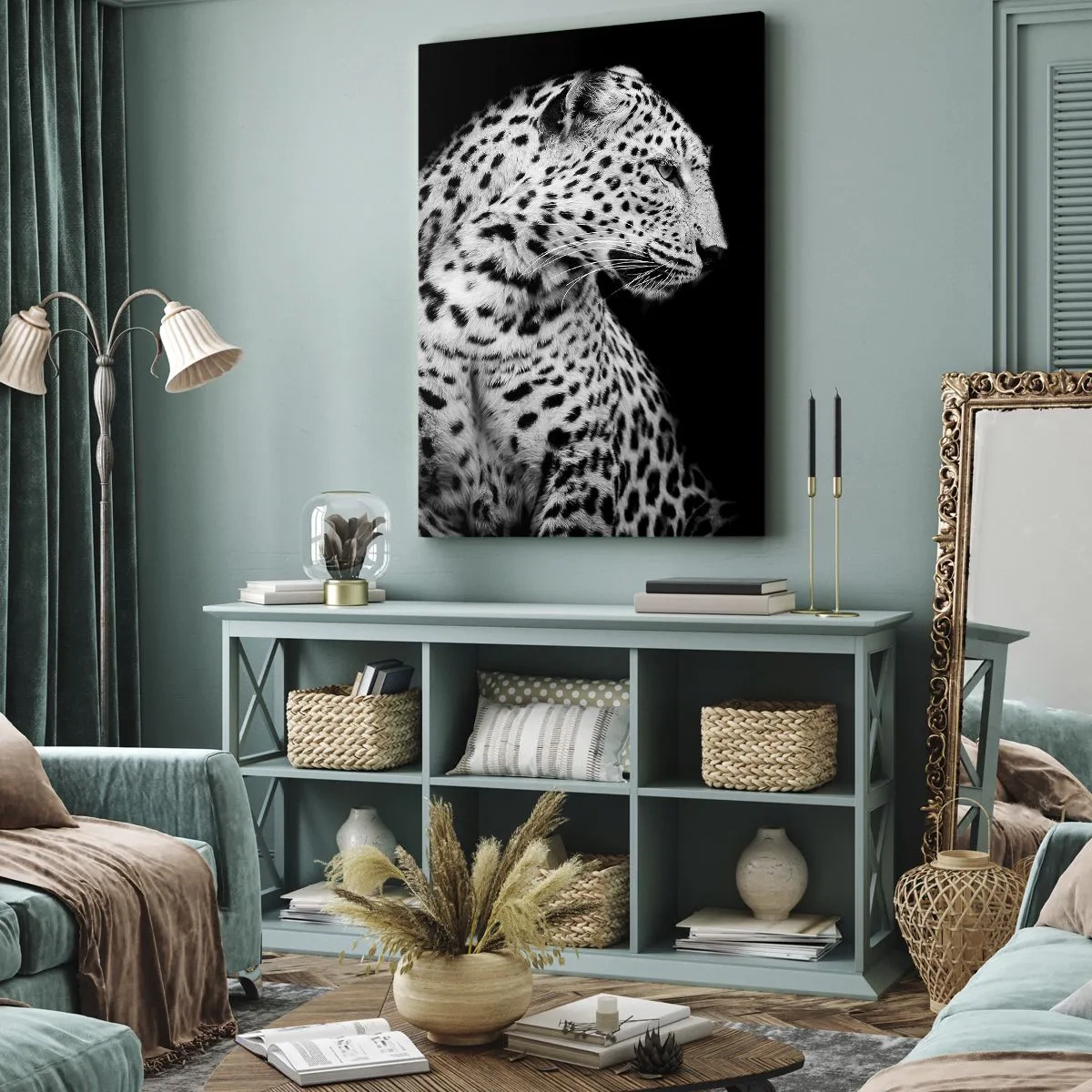 Impression sur toile - Image sur toile - Image en noir et blanc d'un léopard sur fond noir - 50x70cm - Presque un profil parfait! - Décoration murale moderne pour le salon et la chambre ARTTOR
