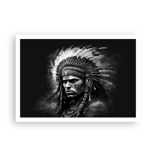 Affiche - Poster - Portrait d'un chef portant une coiffe à plumes sur fond noir - 100x70cm - Un leader et un guerrier - Décoration murale moderne pour le salon et la chambre ARTTOR