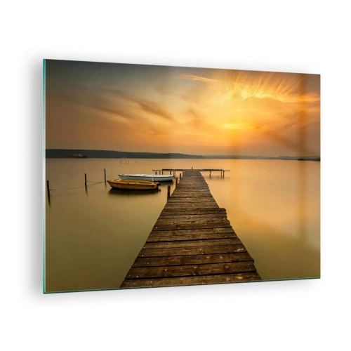 Impression sur verre - Image sur verre - Jetée sur le lac au coucher du soleil avec un bateau - 70x50cm - Je t'ouvrirai le ciel d'or - Décoration murale moderne pour le salon et la chambre ARTTOR