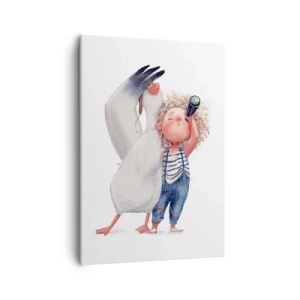 Impression sur toile - Image sur toile - Illustration d'un enfant avec un pélican et un télescope à la main - 50x70cm - Plan de grand voyage - Décoration murale moderne pour le salon et la chambre ARTTOR