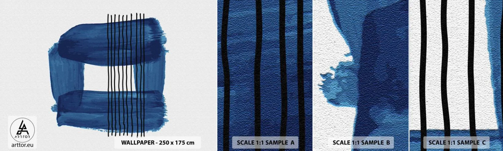 Échantillon de Papier Peint Autocollant Deluxe Sticker - Composition noire-bleue - Abstraction, Morceau, Art moderne - 100x30 cm