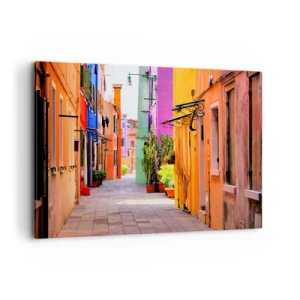 Impression sur toile - Image sur toile - Une rue colorée avec des immeubles aux tons clairs - 120x80cm - Allée arc-en-ciel - Décoration murale moderne pour le salon et la chambre ARTTOR