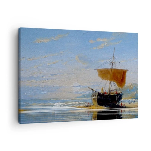Impression sur toile - Image sur toile - Un bateau au bord de la mer par une journée ensoleillée - 70x50cm - Eau, terre, air - Décoration murale moderne pour le salon et la chambre ARTTOR