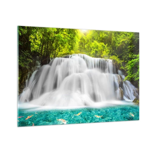 Impression sur verre - Image sur verre - Une cascade entourée de verdure avec une eau cristalline - 100x70cm - Une cascade mousseuse du vert à l'azur - Décoration murale moderne pour le salon et la chambre ARTTOR