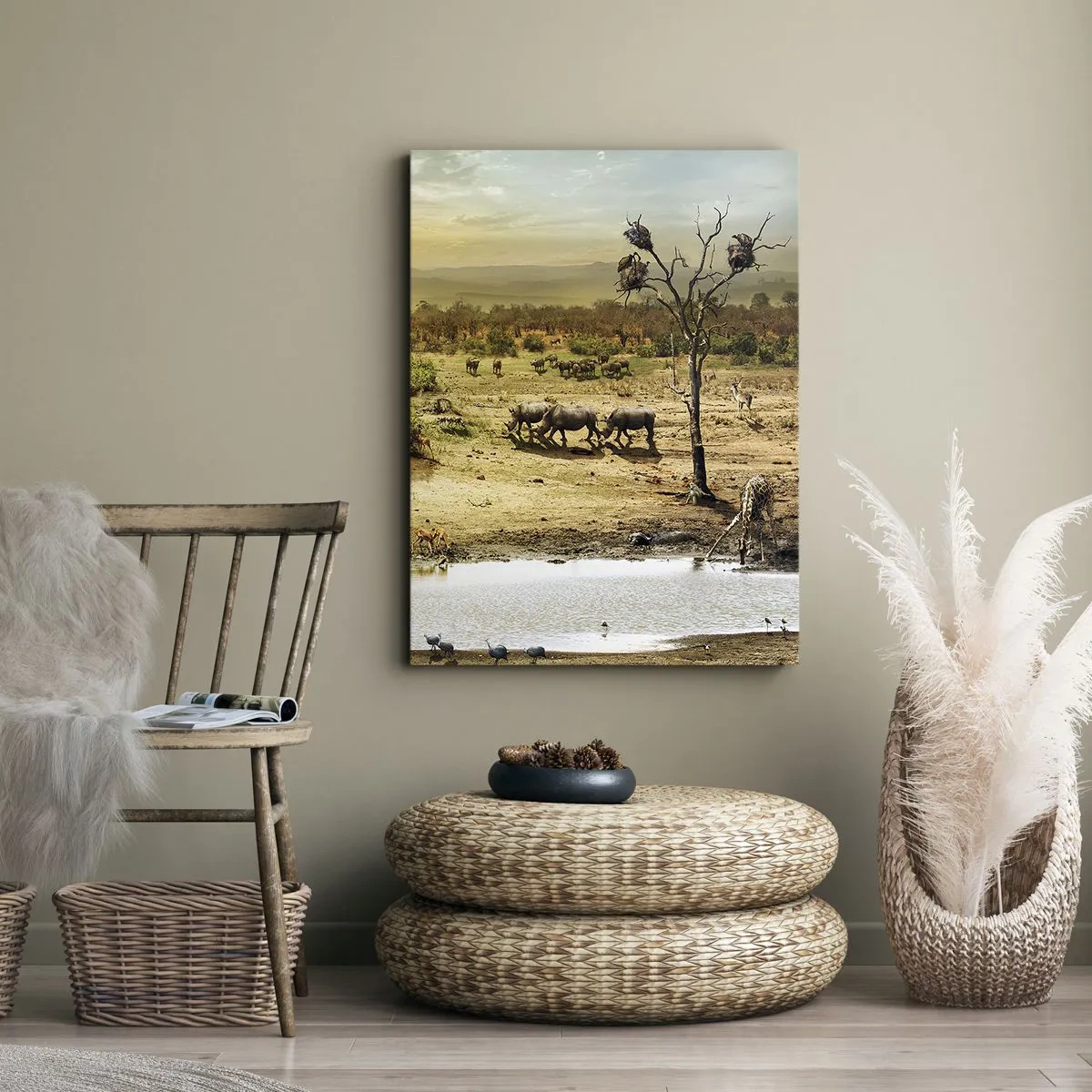 Impression sur toile - Image sur toile - Éléphants et animaux sauvages à un point d'eau au coucher du soleil - 50x70cm - "Et d'Eden coulait une rivière..." - Décoration murale moderne pour le salon et la chambre ARTTOR