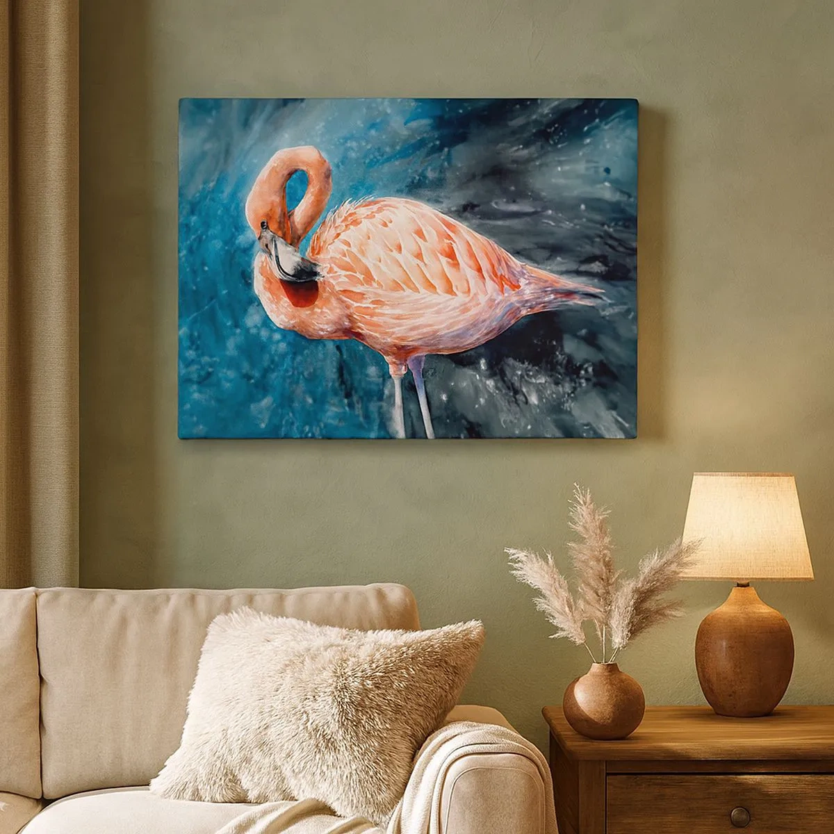 Impression sur toile - Image sur toile - Un flamant rose sur un fond bleu aquarelle - 70x50cm - Décoratif par nature - Décoration murale moderne pour le salon et la chambre ARTTOR