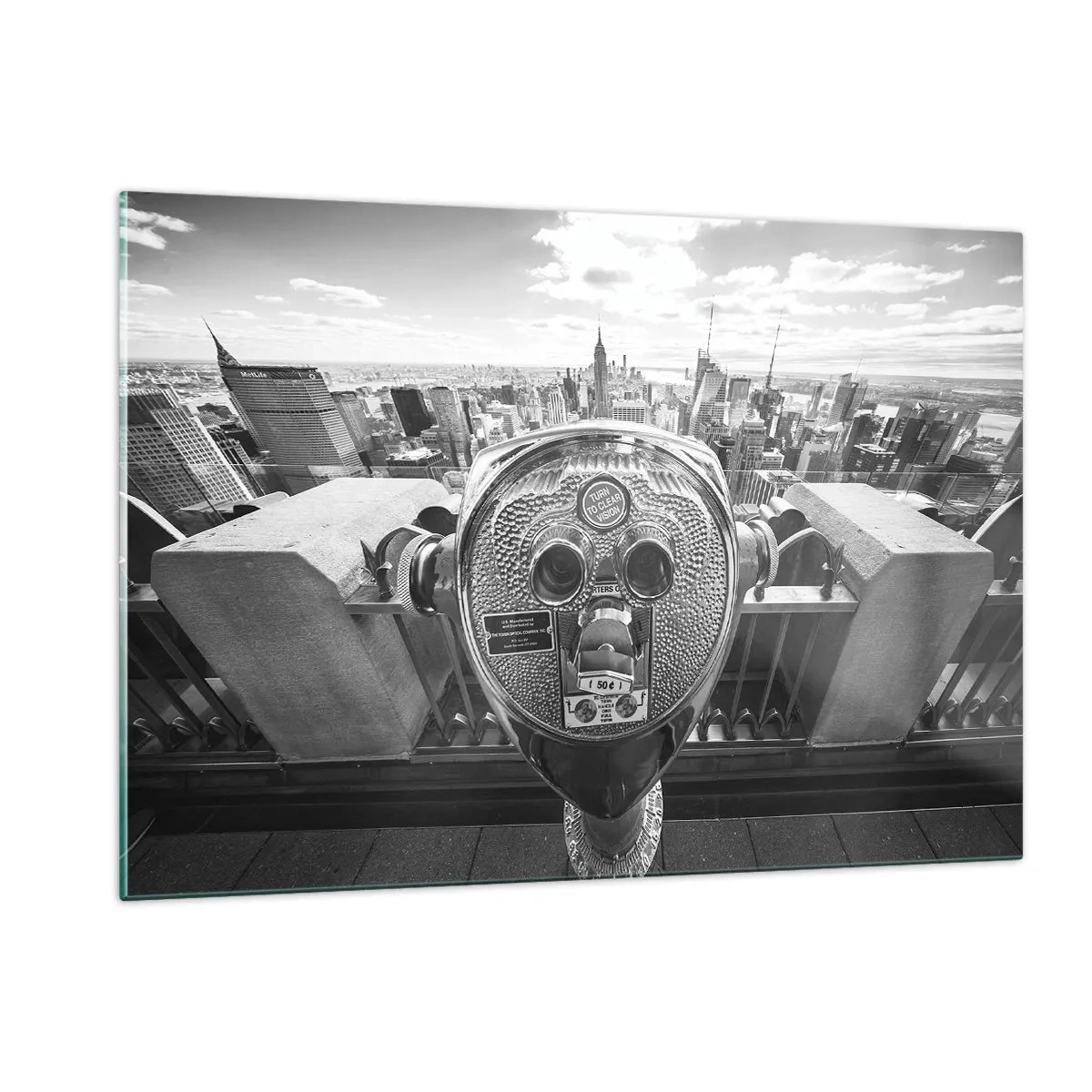 Impression sur verre - Image sur verre - Vue en noir et blanc de New York avec un télescope d'observation - 120x80cm - Ville sur les villes - Décoration murale moderne pour le salon et la chambre ARTTOR