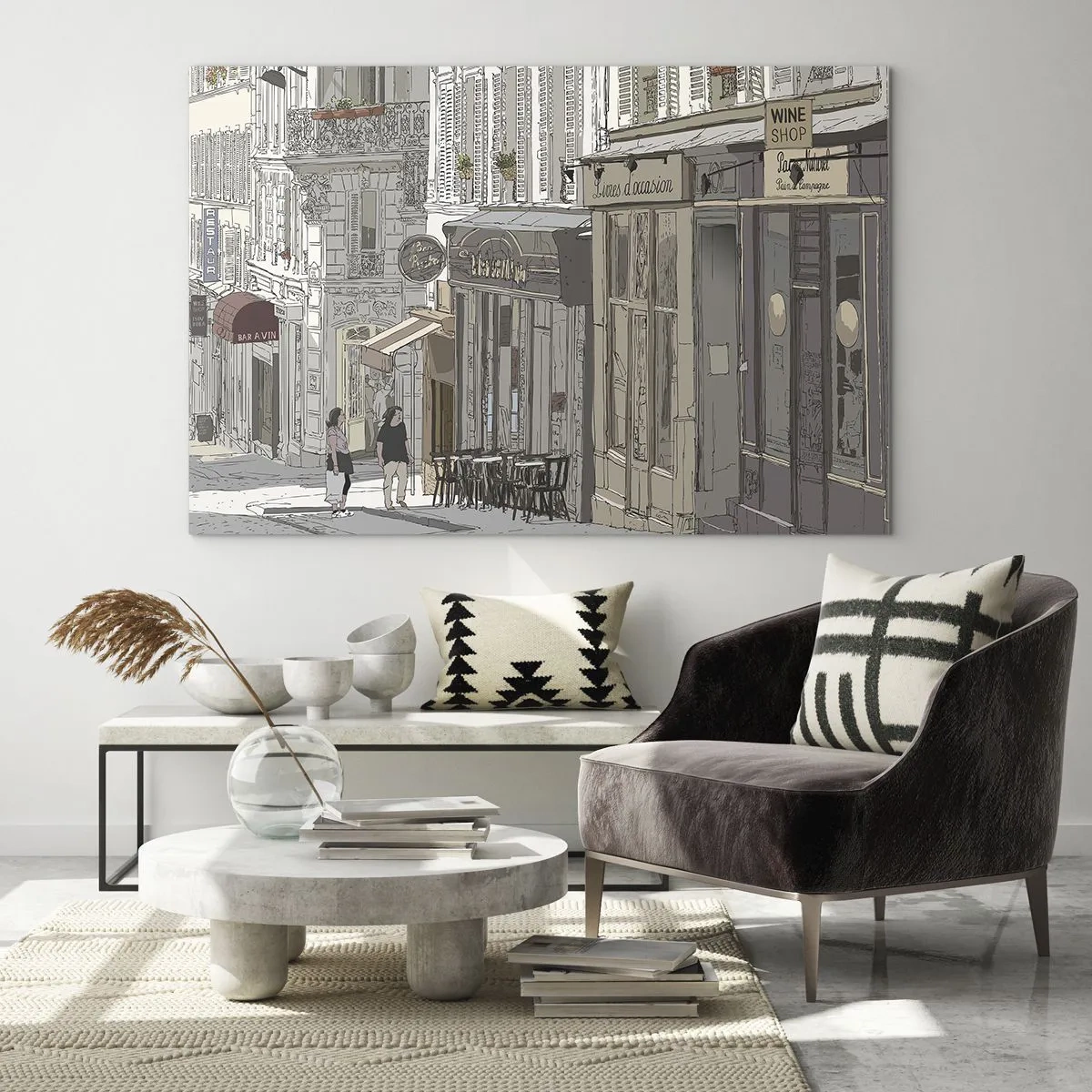 Impression sur verre - Image sur verre - Une rue avec des cafés dans un style urbain artistique - 70x50cm - Joie de la ville - Décoration murale moderne pour le salon et la chambre ARTTOR