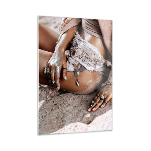 Impression sur verre - Image sur verre - Silhouette féminine sur une plage de sable - 50x70cm - Rejeté par la vague? - Décoration murale moderne pour le salon et la chambre ARTTOR