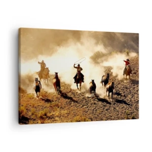 Impression sur toile - Image sur toile - Cowboys à cheval en action sur un terrain désertique - 70x50cm - L'ouest vraiment sauvage - Décoration murale moderne pour le salon et la chambre ARTTOR