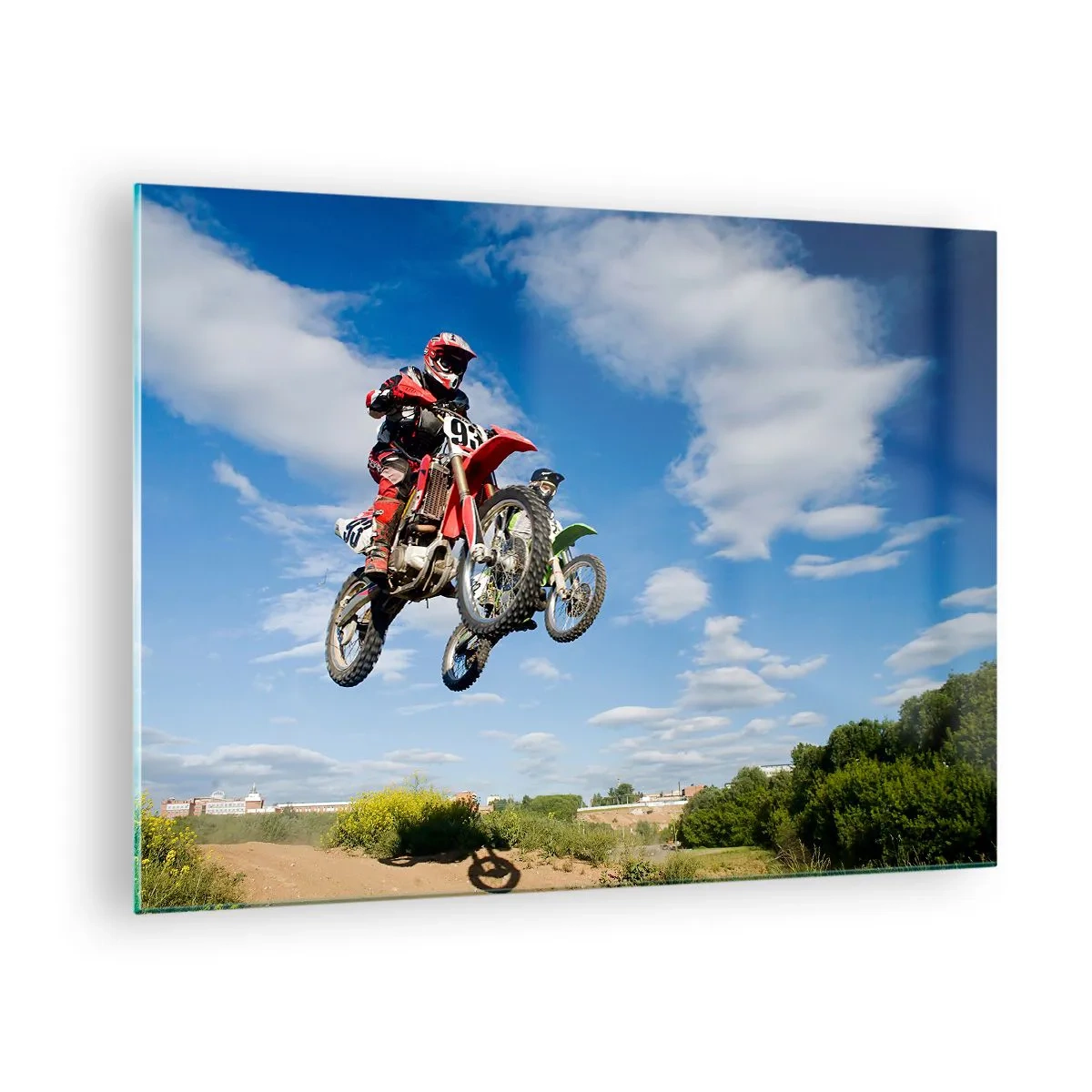 Impression sur verre - Image sur verre - Un pilote de moto en vol contre un ciel bleu - 70x50cm - Saut en parachute - Décoration murale moderne pour le salon et la chambre ARTTOR