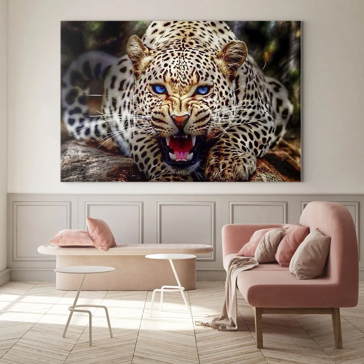 Impression sur verre - Image sur verre - Un léopard féroce aux yeux bleus dans la nature - 120x80cm - La colère de la beauté ne fait pas de mal - Décoration murale moderne pour le salon et la chambre ARTTOR