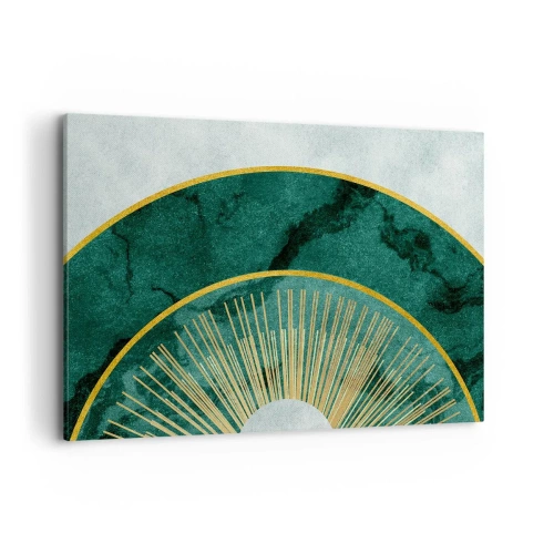 Impression sur toile - Image sur toile - Motif abstrait avec des cercles aux couleurs émeraude et or. - 120x80cm - Un autre système solaire - Décoration murale moderne pour le salon et la chambre ARTTOR