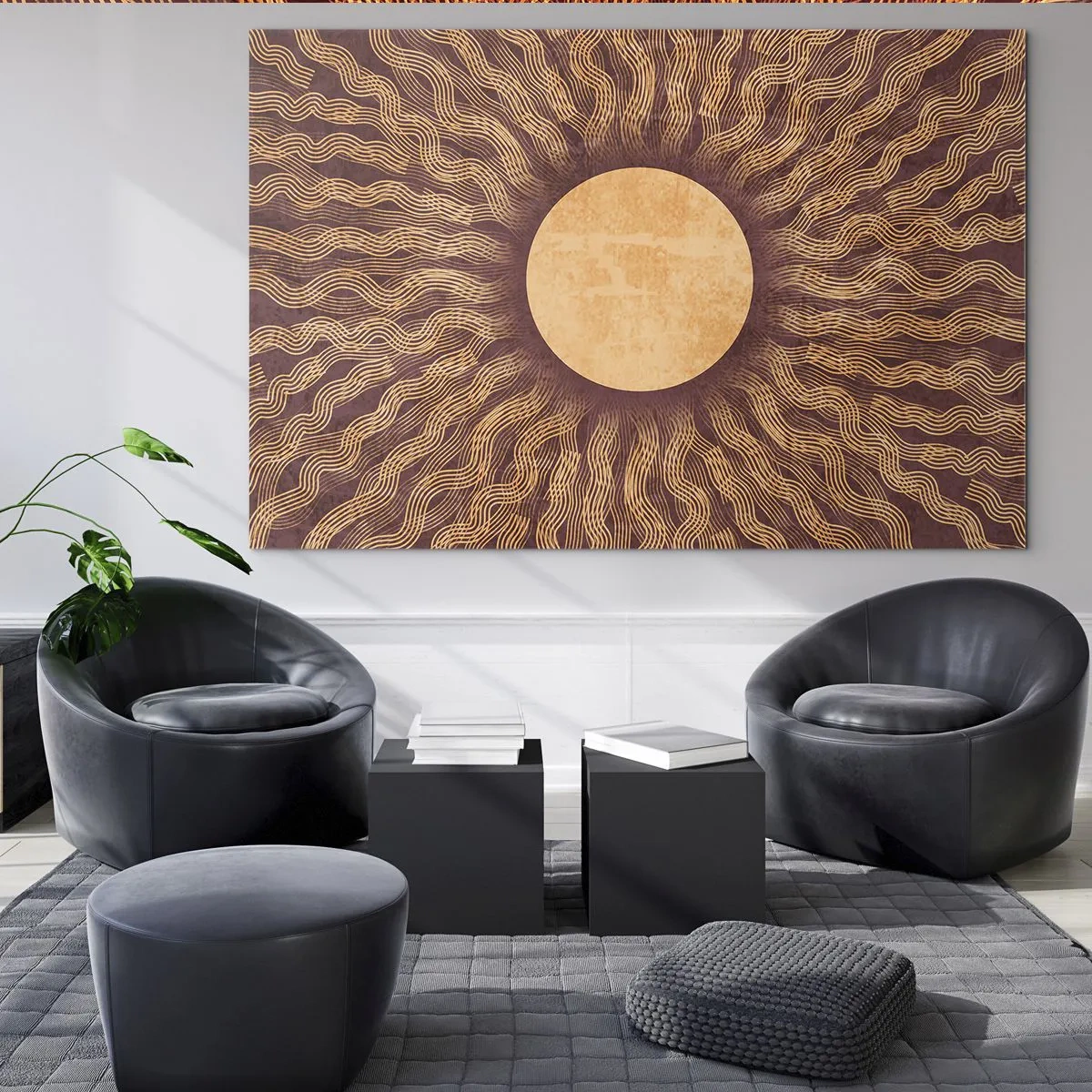 Impression sur verre - Image sur verre - Un soleil stylisé avec des rayons en forme de lignes ondulées sur un fond marron. - 100x70cm - Icône du soleil - Décoration murale moderne pour le salon et la chambre ARTTOR