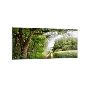 Impression sur verre - Image sur verre - Un chemin de terre parmi les arbres verts et la lumière du soleil - 120x50cm - Et in Arcadia ego - Décoration murale moderne pour le salon et la chambre ARTTOR