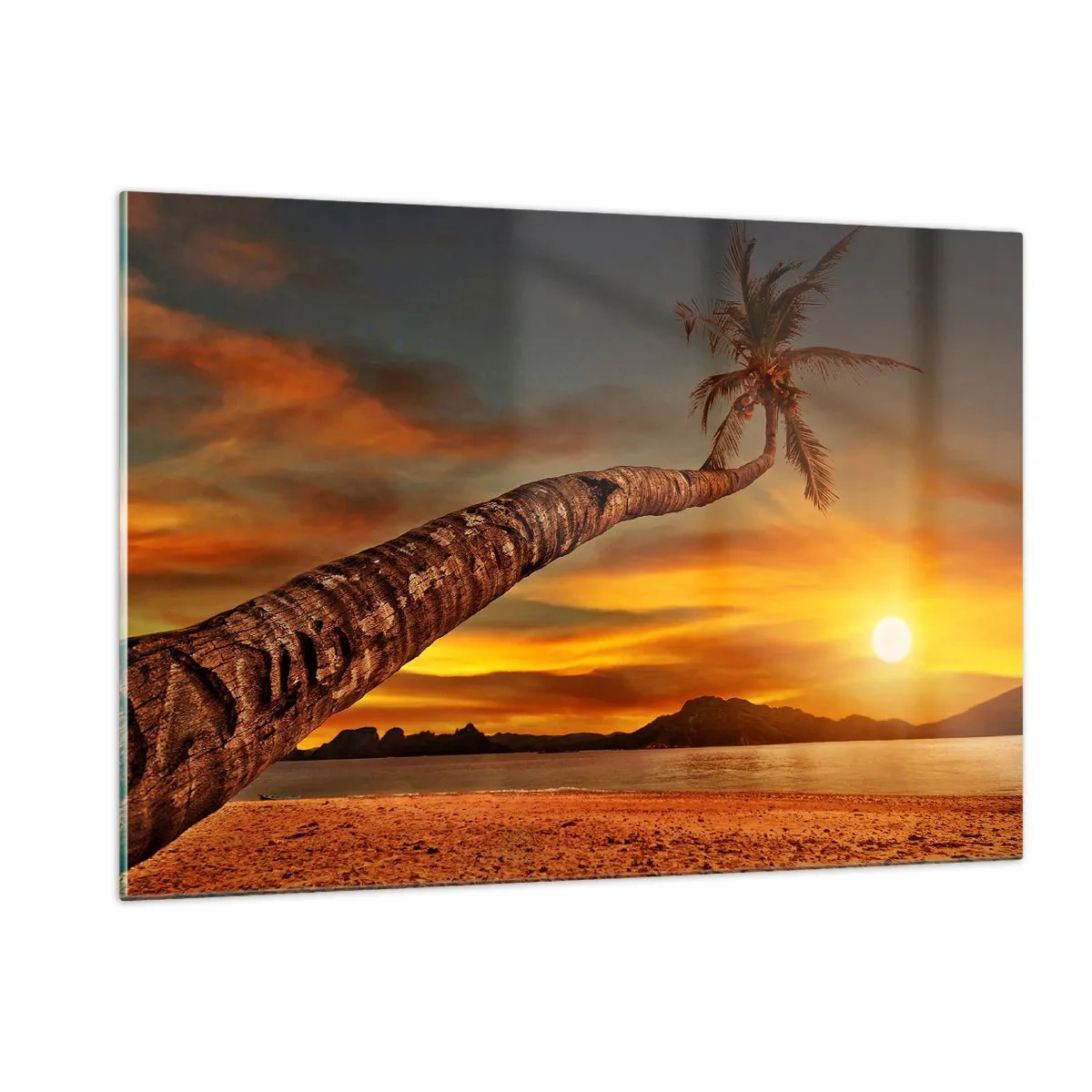Impression sur verre - Image sur verre - Palmier sur une plage tropicale au coucher du soleil - 120x80cm - Vacances exotiques, aventure caribéenne - Décoration murale moderne pour le salon et la chambre ARTTOR