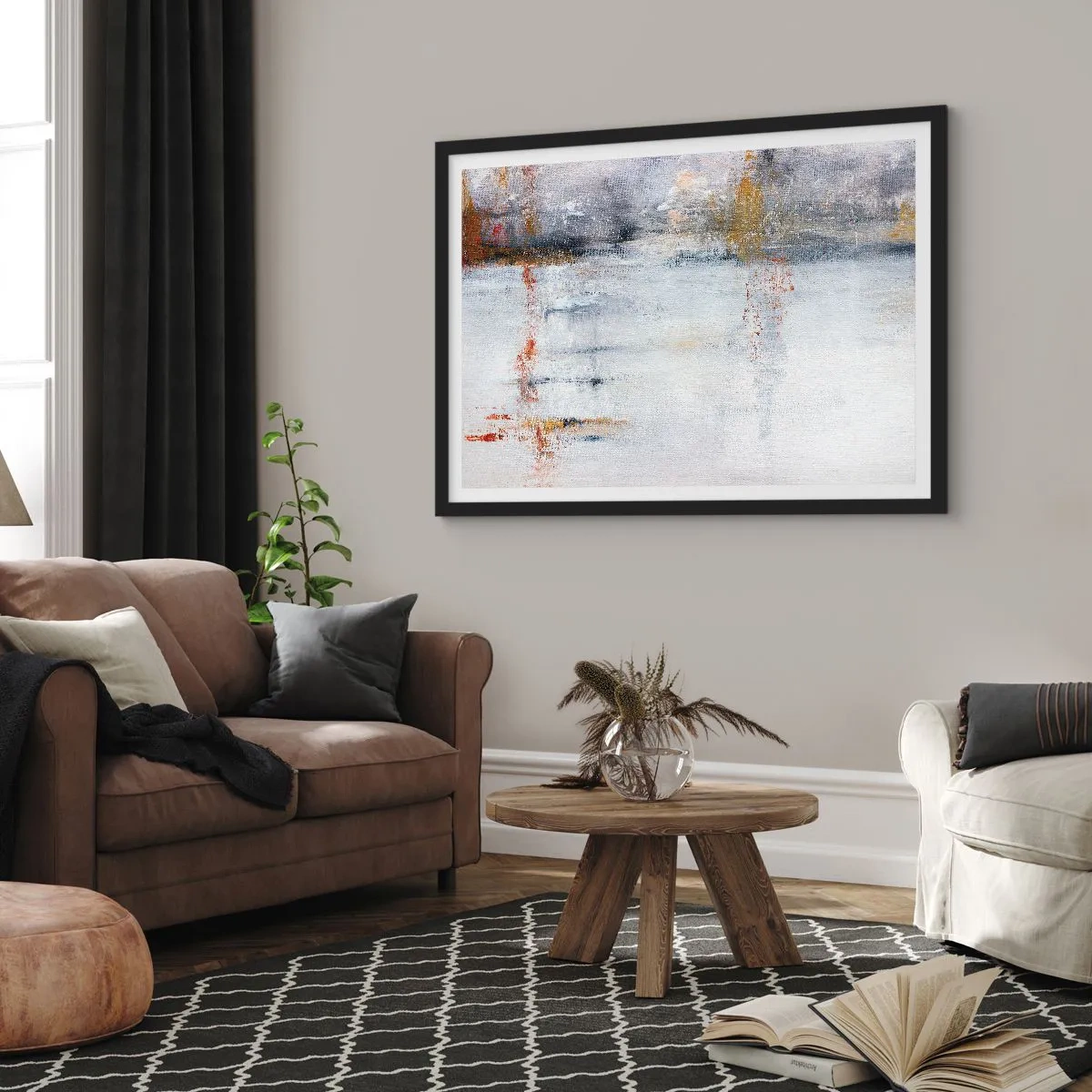 Affiche dans un cadre noir - Poster - Un paysage abstrait aux accents flous de gris et d'or. - 100x70cm - Derrière l'air un rideau - Décoration murale moderne pour le salon et la chambre ARTTOR