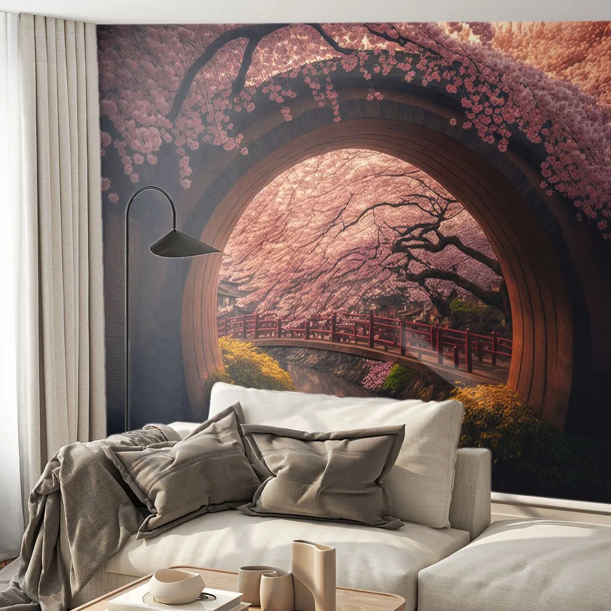 Papier Peint Photo Standard Eco - Un pont et un tunnel parmi les cerisiers en fleurs au-dessus du canal - 100x70cm - Printemps japonais - Décoration murale moderne pour le salon et la chambre ARTTOR