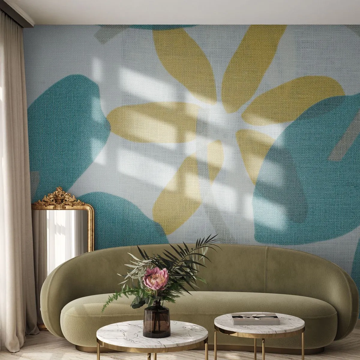 Papier Peint Photo Premium Canvas - Wśród lazurowych liści - Bohème, Fleurs, Minimalisme - 500x350 cm