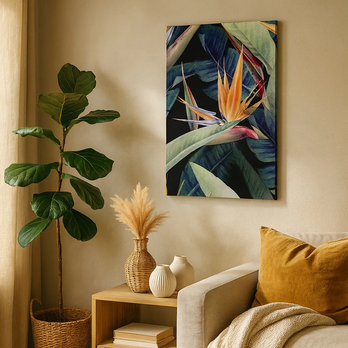 Impression sur toile - Image sur toile - Fleurs et feuilles tropicales sur fond noir - 50x70cm - Fleurs flamboyantes des tropiques - Décoration murale moderne pour le salon et la chambre ARTTOR