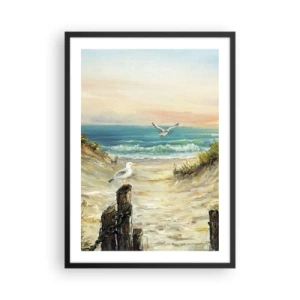 Affiche dans un cadre noir - Poster - Plage avec mouettes et vagues au coucher du soleil - 50x70cm - Retraite au calme - Décoration murale moderne pour le salon et la chambre ARTTOR
