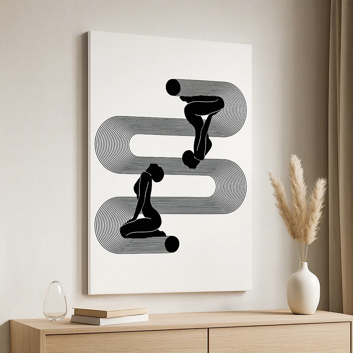 Impression sur toile - Image sur toile - Silhouettes noires avec des lignes géométriques sur fond clair - 50x70cm - Symétrie sensuelle - Décoration murale moderne pour le salon et la chambre ARTTOR