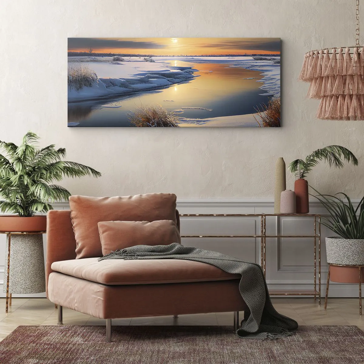 Impression sur toile - Image sur toile - Paysage d'hiver avec une rivière au coucher du soleil - 140x50cm - Coucher de soleil d'hiver - Décoration murale moderne pour le salon et la chambre ARTTOR