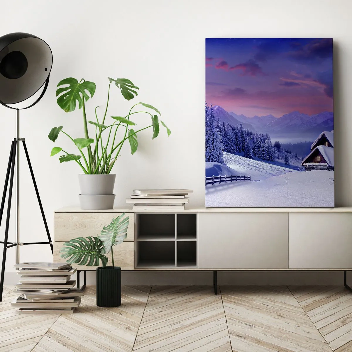 Impression sur toile - Image sur toile - Paysage d'hiver avec chalets de montagne au coucher du soleil - 70x100cm - Douce nuit - Décoration murale moderne pour le salon et la chambre ARTTOR
