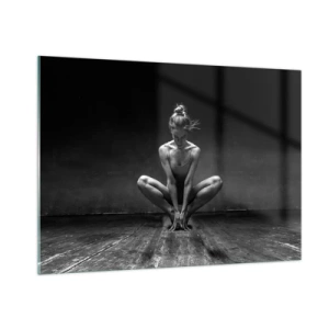 Impression sur verre - Image sur verre - Une danseuse dans une pose de ballet sur un plancher en bois - 100x70cm - Concentration de l'énergie de la danse - Décoration murale moderne pour le salon et la chambre ARTTOR