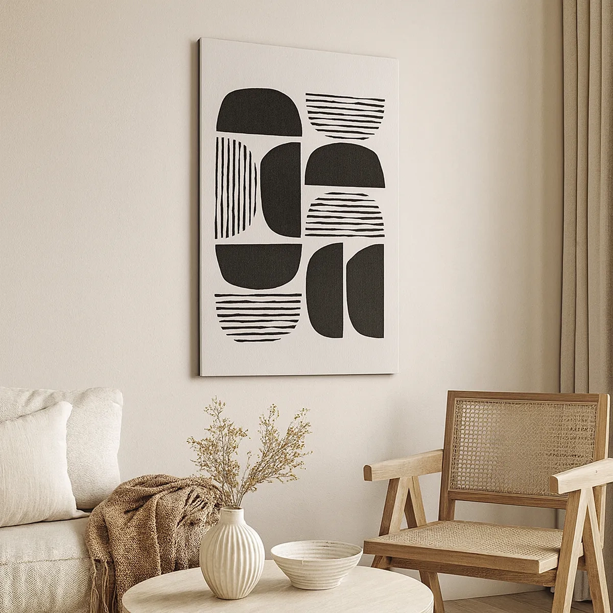 Impression sur toile - Image sur toile - Géométrie avec demi-cercles et lignes en noir sur fond clair - 50x70cm - Offres sans enthousiasme - Décoration murale moderne pour le salon et la chambre ARTTOR
