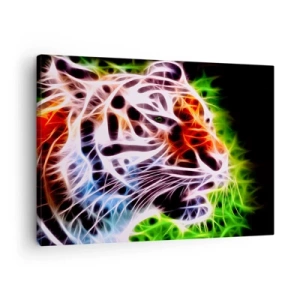 Impression sur toile - Image sur toile - Portrait artistique coloré d'un tigre dans un style néon sur fond noir. - 70x50cm - L'aura dangereux - Décoration murale moderne pour le salon et la chambre ARTTOR