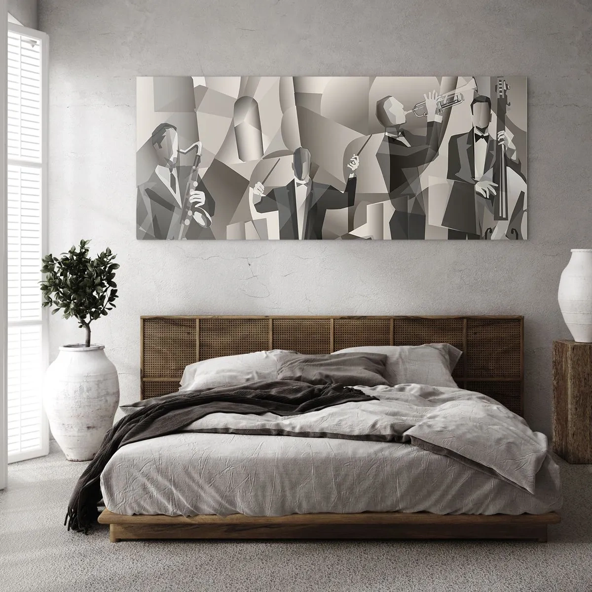 Impression sur verre - Image sur verre - Scène abstraite avec des musiciens de jazz dans des tons de gris. - 120x50cm - Dans l'espace des sons - Décoration murale moderne pour le salon et la chambre ARTTOR
