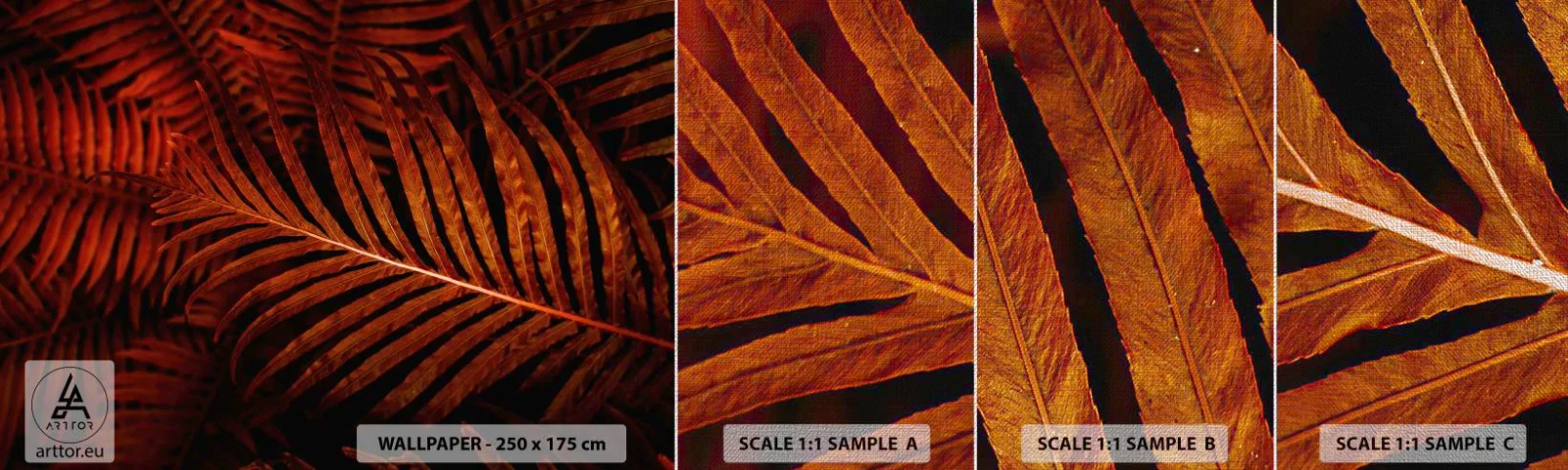 Échantillon de Papier Peint Premium Canvas - Chaleur de la vie - Abstraction, Feuilles de palmier, Plante tropicale - 100x30 cm