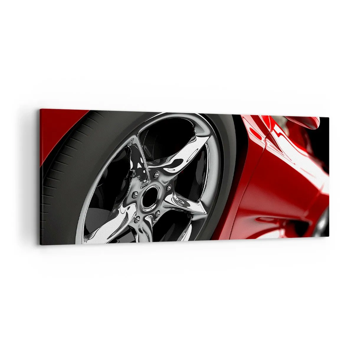 Impression sur toile - Image sur toile - Voiture de sport rouge avec jantes chromées - 120x50cm - Conçu pour la vitesse - Décoration murale moderne pour le salon et la chambre ARTTOR