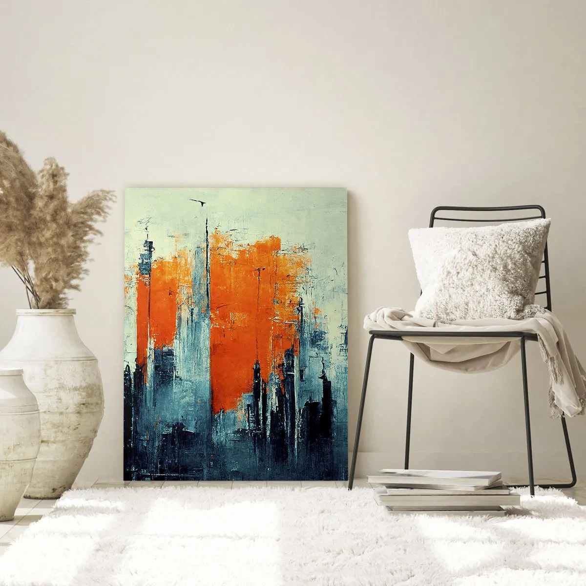 Impression sur verre - Image sur verre - Paysage urbain abstrait dans des tons orange et bleu - 80x120cm - Paysage moderne - Décoration murale moderne pour le salon et la chambre ARTTOR