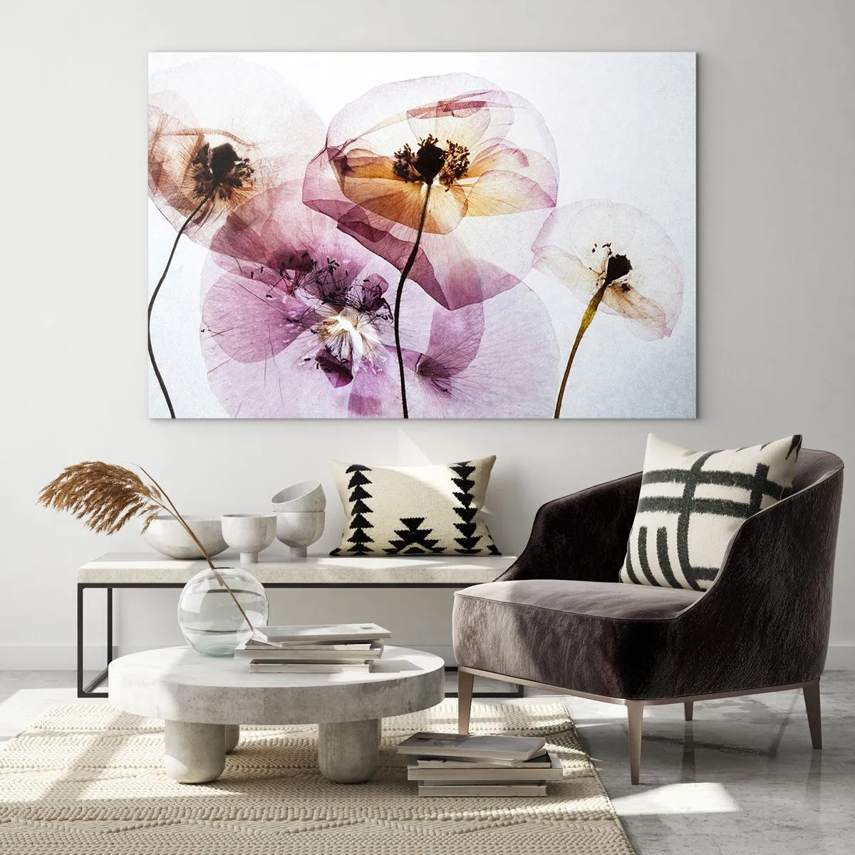 Impression sur verre - Image sur verre - Fleurs délicates aux couleurs pastel transparentes sur fond clair - 120x80cm - Corps de fleurs transparente - Décoration murale moderne pour le salon et la chambre ARTTOR