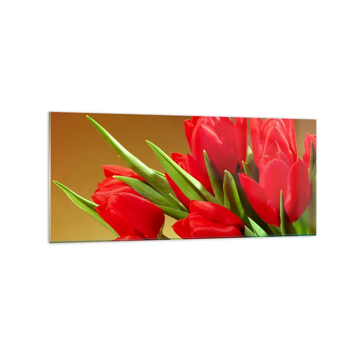 Impression sur verre - Image sur verre - Un bouquet de tulipes rouges sur fond doré avec des feuilles vertes. - 120x50cm - Amas de joie printanière - Décoration murale moderne pour le salon et la chambre ARTTOR